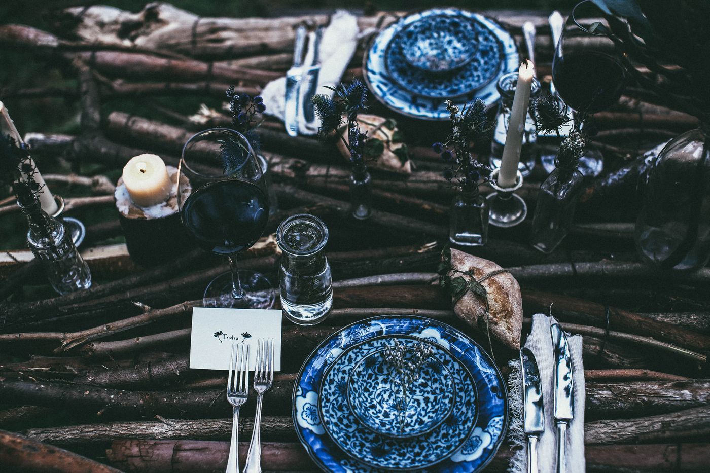 Festive table set with blue and white dinnerware
