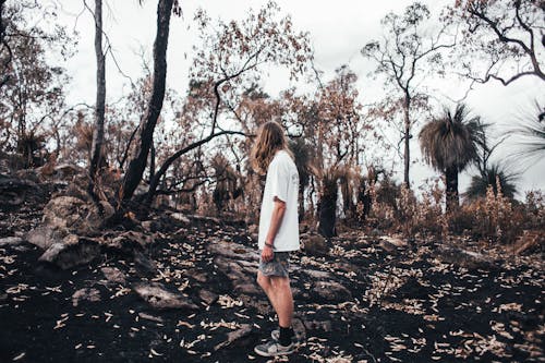 Side view of anonymous young male traveler with long hair in casual clothes standing on rough rocky ground near various trees against cloudy sky
