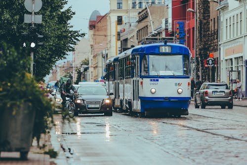 Public transport driving on wet paved road near contemporary vehicles and cyclist in center of city