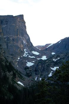 A stunning mountainous landscape showcasing rugged peaks and snow patches, representing the untouched beauty of nature.