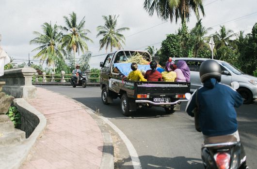 在热带道路的棕榈树下，摩托车和卡车捕捉着运动与冒险