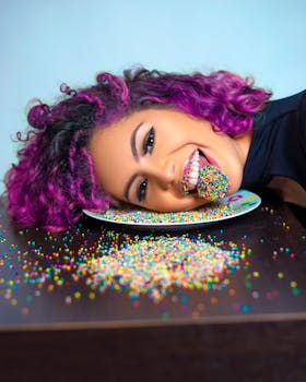 Emotional woman with sprinkles on tongue