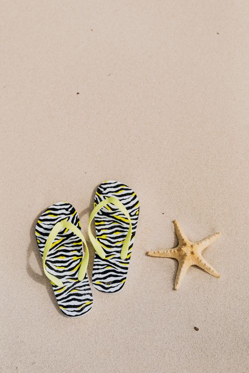 Free Zebra pattern flip flops beside a starfish on a sunlit sandy beach. Stock Photo