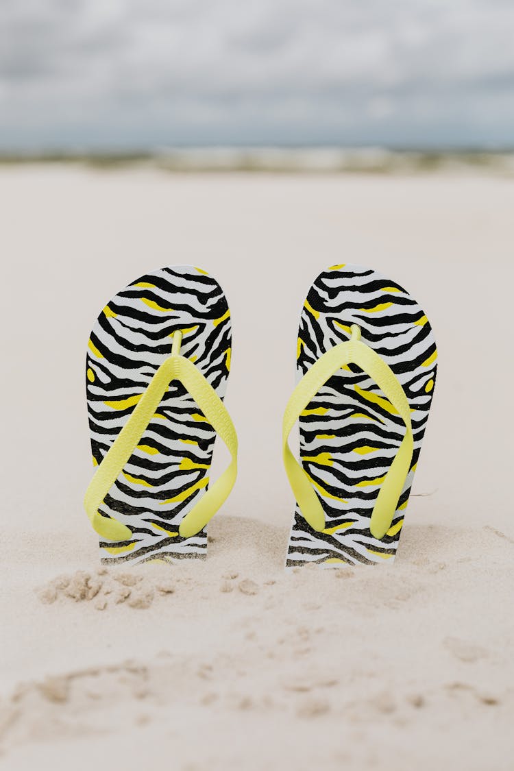 Animal Print Slippers On A Sandy Shore