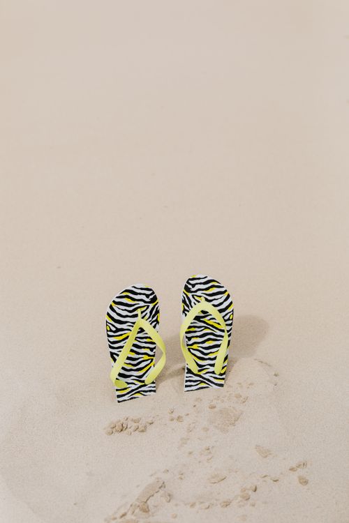 Free Vibrant zebra print flip flops on a sun-kissed sandy beach, symbolizing summer vibes. Stock Photo