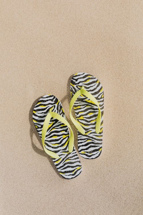 Free Stylish zebra print flip flops with yellow straps on a sandy beach surface. Stock Photo