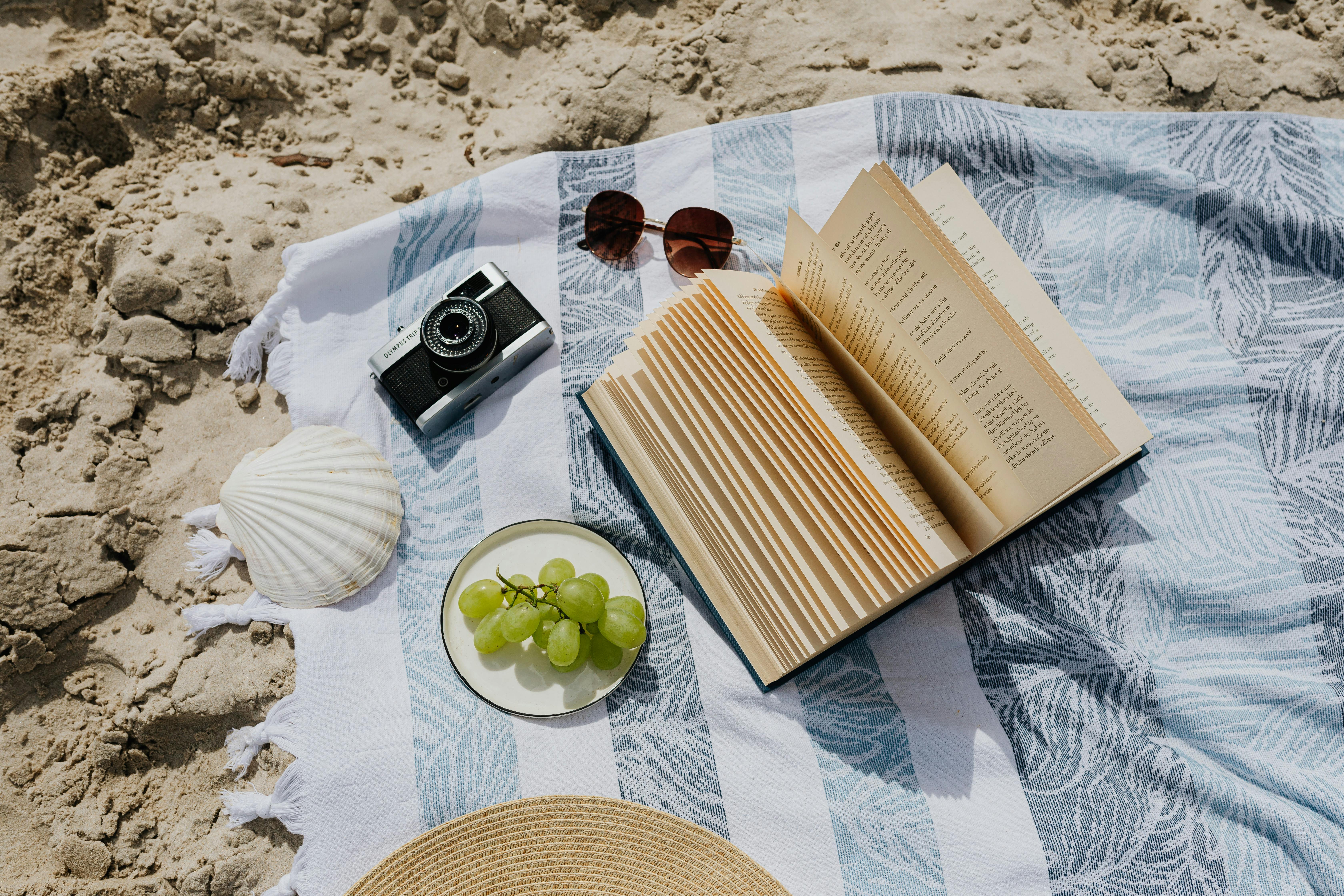 Free Book and Camera on a Beach Towel Stock Photo