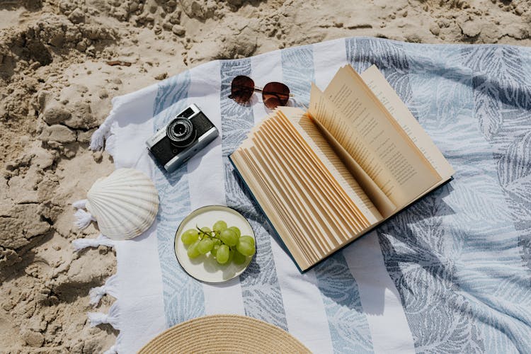 Book And Camera On A Beach Towel