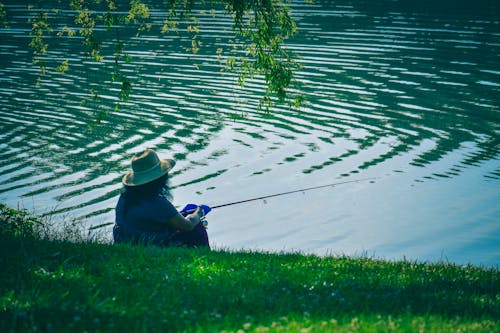 Person fishing on green grassy embankment of rippling river