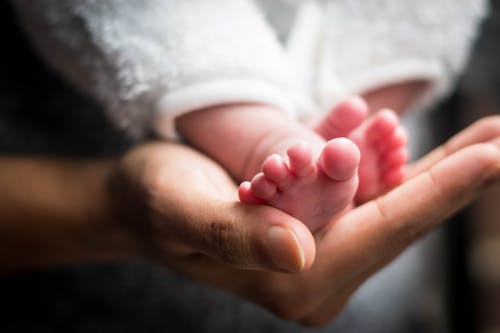 Free Hand of a Person Holding a Baby's Feet Stock Photo