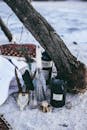 Mystic arrangement of candles animal skulls and black feathers in glass vase placed on sandy ground near dry tree trunk