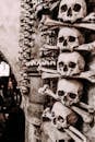 哥特式氛围中，头骨与骨骼的特写，唤起一种古老的诡异感