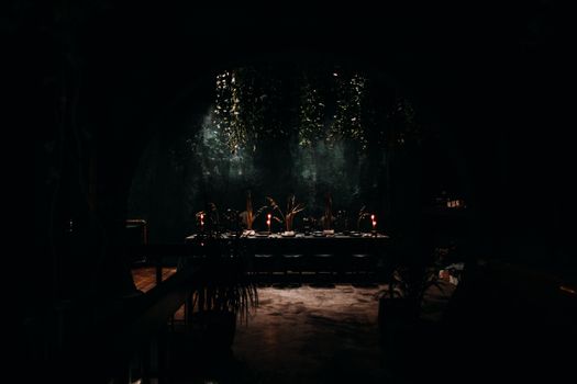 Interior of dark room with plants hanging from ceiling and potted plants chairs and table decorated with burning candles and dinnerware