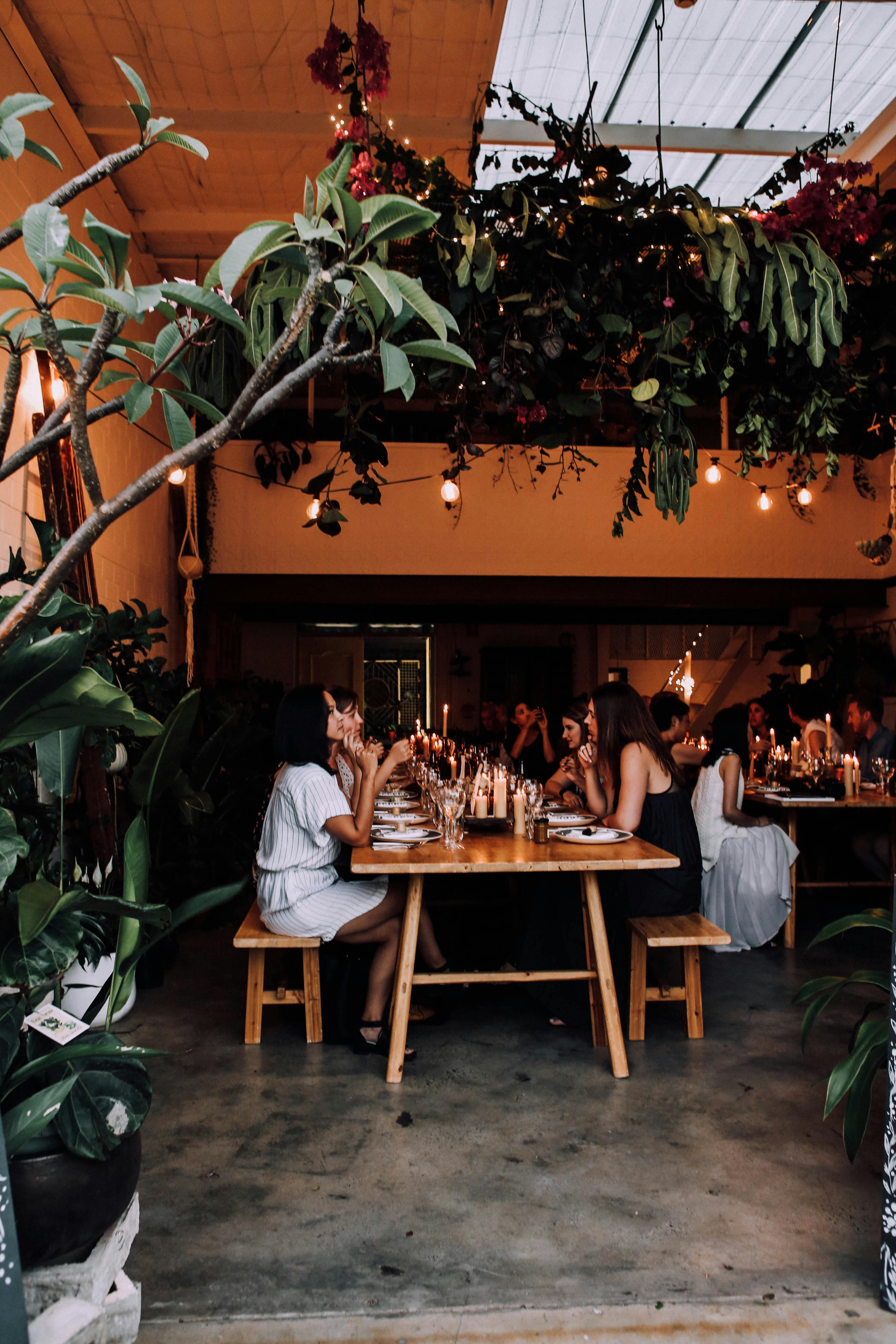 unrecognizable people having banquet at tables in restaurant near plants