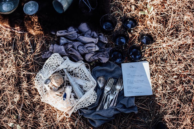 Napkins And Reusable Bag Near Cutlery And Glasses On Grass