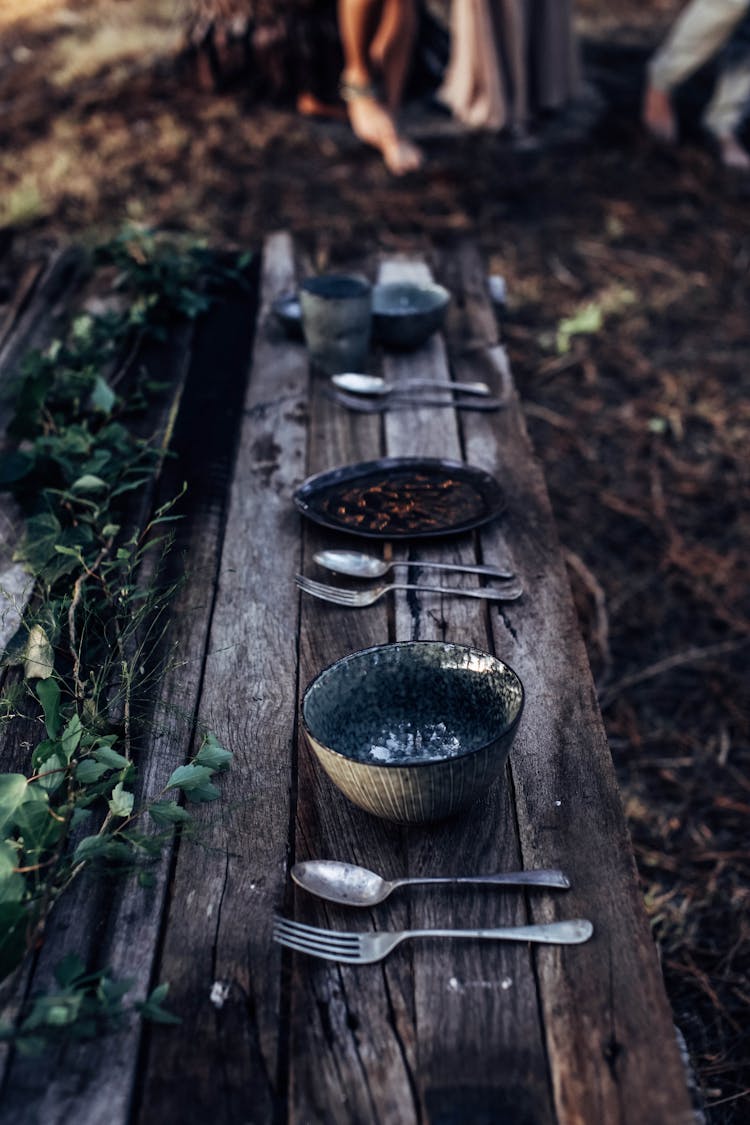 Table Setting Placed On Wooden Bench In Forest