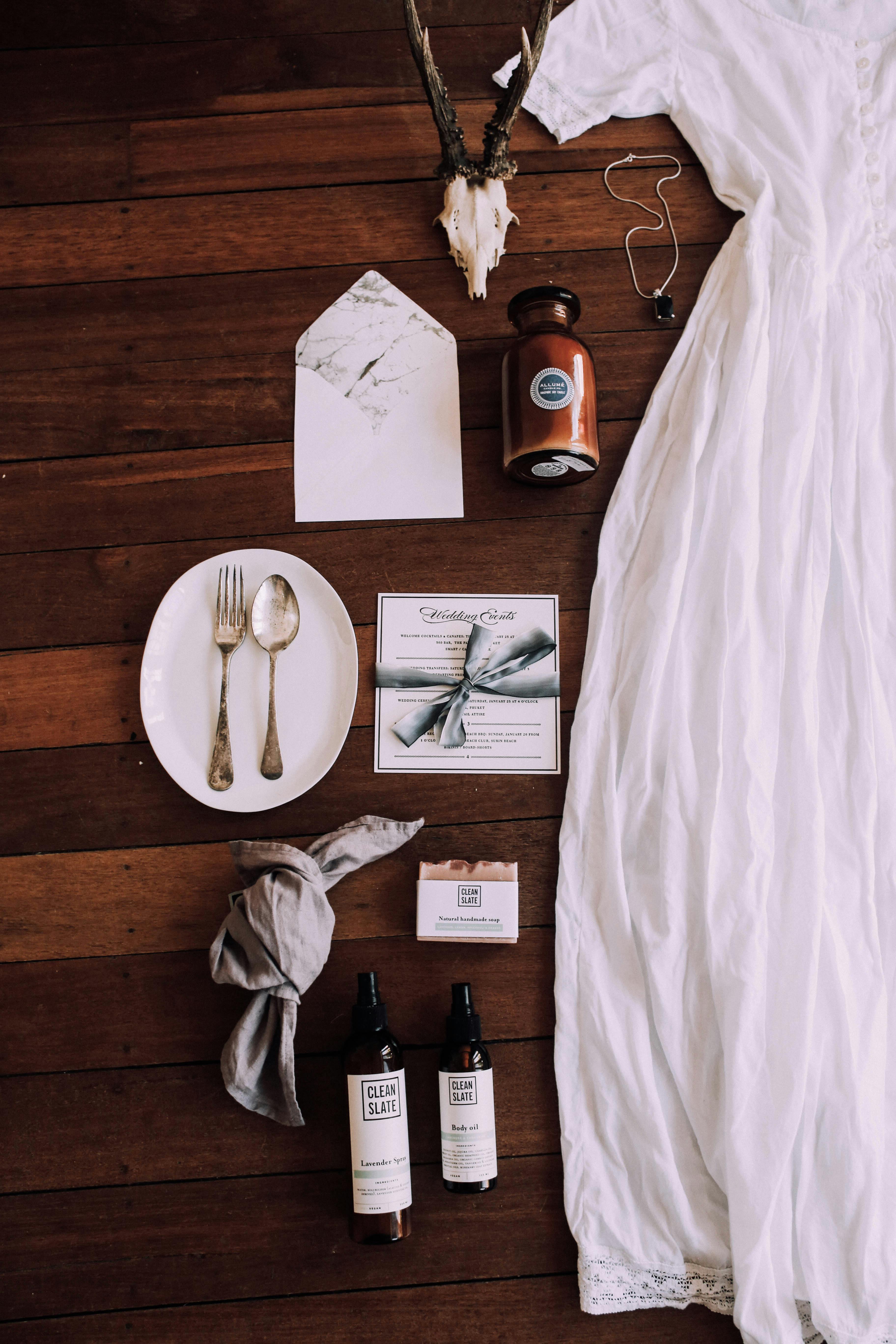 white retro dress near assorted decorative items on wedding day