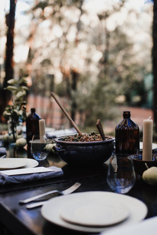 Free Delicious food on served table in garden Stock Photo