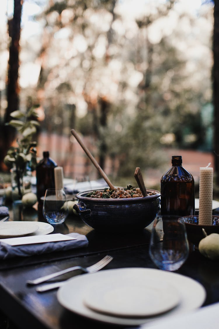 Delicious Food On Served Table In Garden