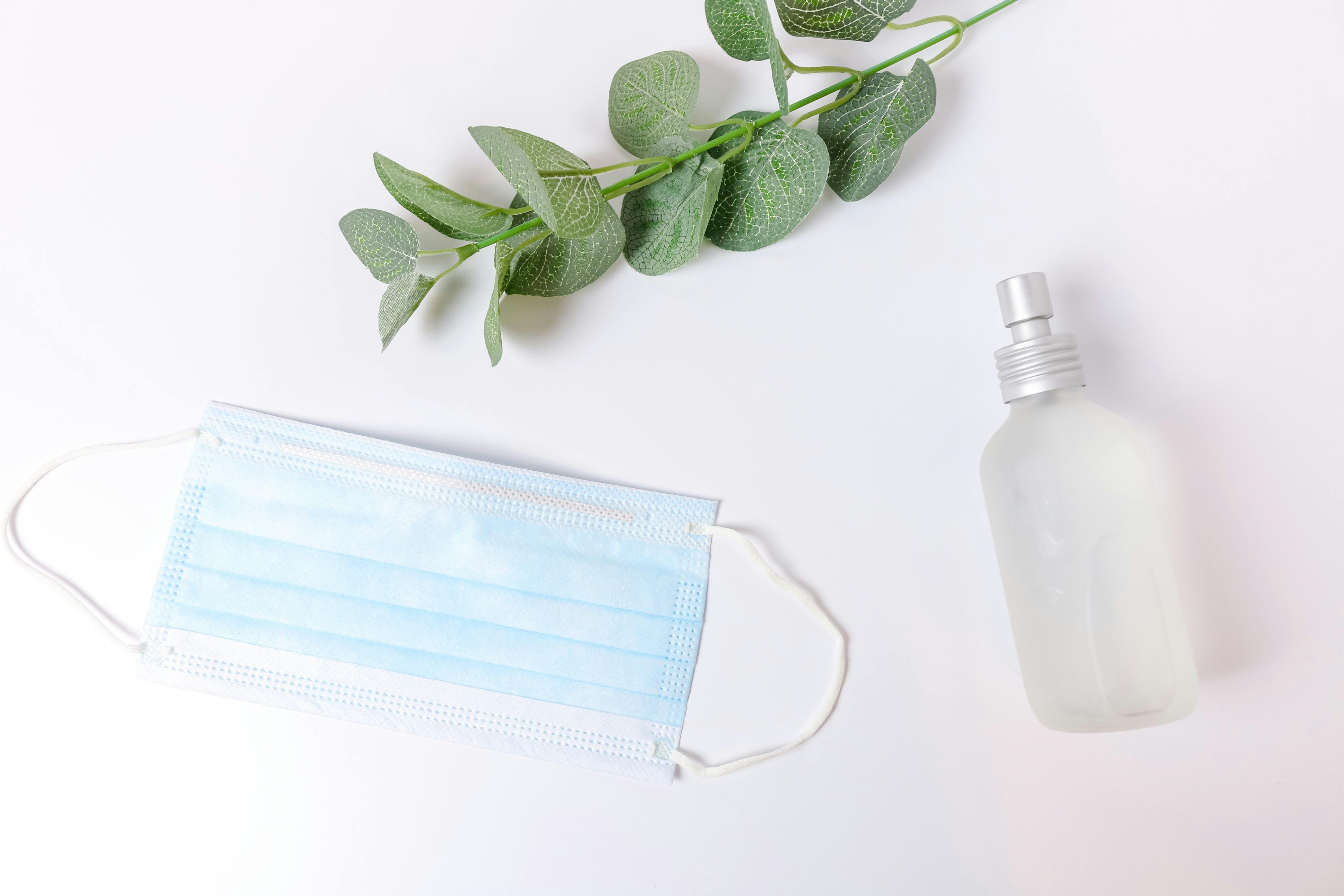 green leaves beside spray bottle and face mask