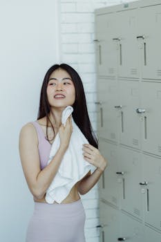 Young woman happily drying her face with a towel after exercise in a locker room.
