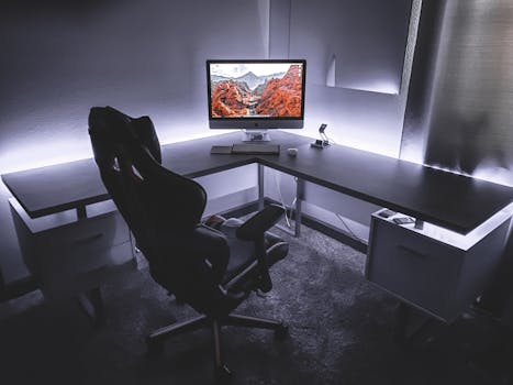 Sleek office desk setup featuring a gaming chair and widescreen monitor, ideal for productivity and gaming.