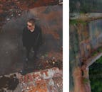 Trendy man in sunglasses on frozen pond in fall