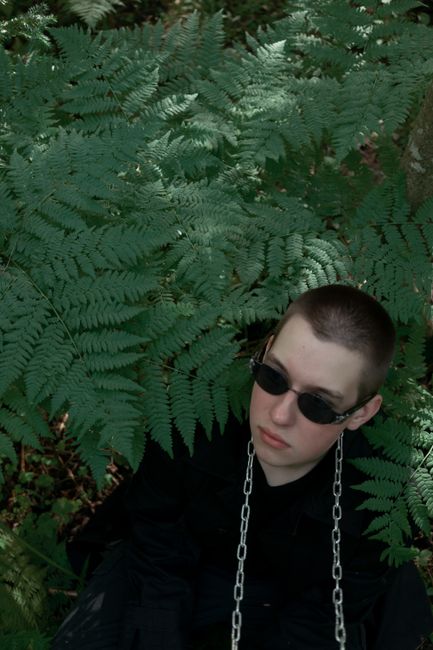 From above of young trendy male in sunglasses and chain among green fern leaves in forest