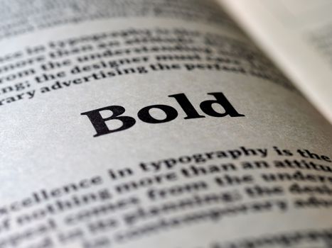 Focused image of the word 'Bold' in typography on a book page.