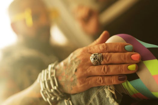 Close-up of a tattooed hand with skull ring, colorful nails, and accessories in a vibrant setting.