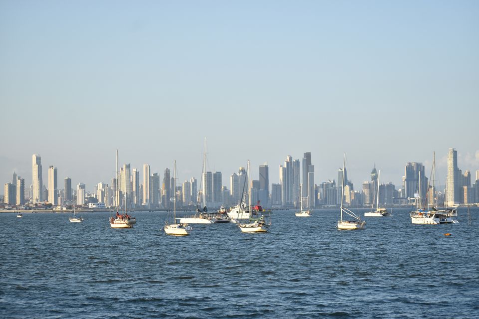 Sailboats anchored in the bay with the city skyline