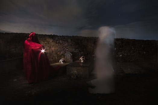 墓地的神秘夜色中，有一个幽灵和一个穿红色斗篷的人