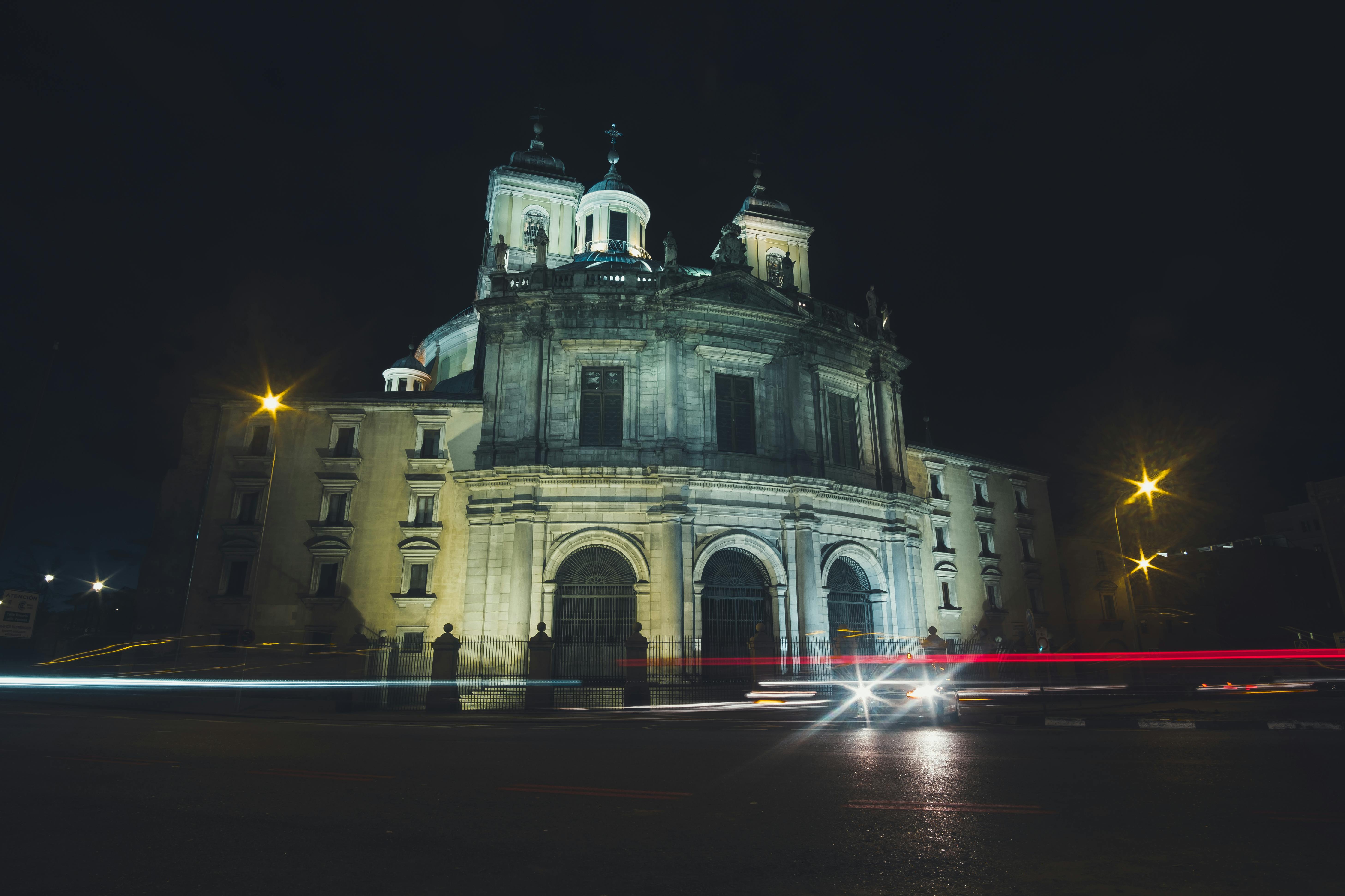 the royal basilica of saint francis the great in madrid spain at night