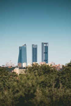 View of Madrid's Cuatro Torres Business Area surrounded by trees under a clear blue sky.