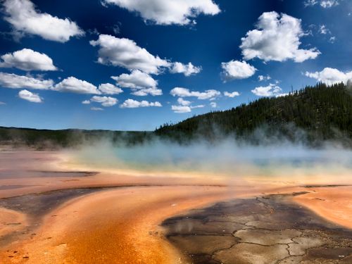 Free Vibrant geothermal landscape of Grand Prismatic Spring in Yellowstone National Park, WY. Stock Photo