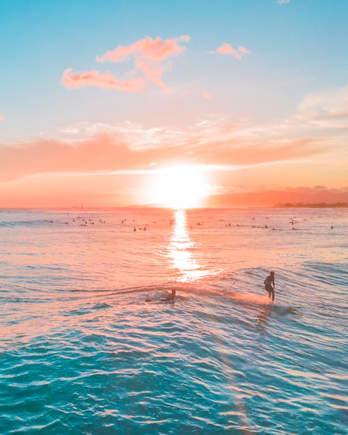 People Surfing at Sunset 