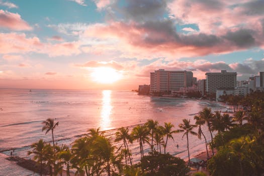 A vibrant tropical beachfront with palm trees and a resort overlooking a warm sunset.