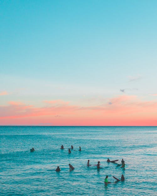 People Swimming in the Sea during Sunset