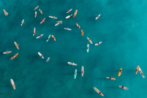 Aerial View of People Riding on Surfboards