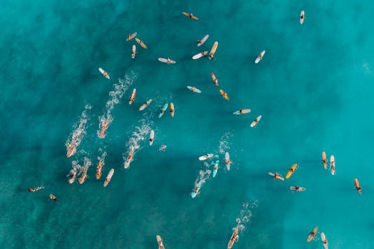 Drone shot capturing surfers paddling in vibrant turquoise ocean waves, creating a dynamic and energetic scene.