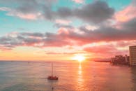 海洋上令人惊叹的日落，帆船和城市天际线，捕捉到充满活力的色彩和宁静