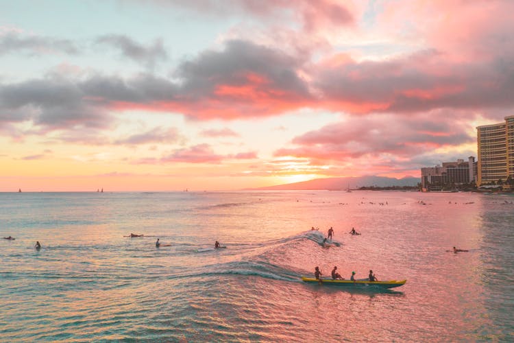 Silhouette Of People Swimming On The Sea During Sunset