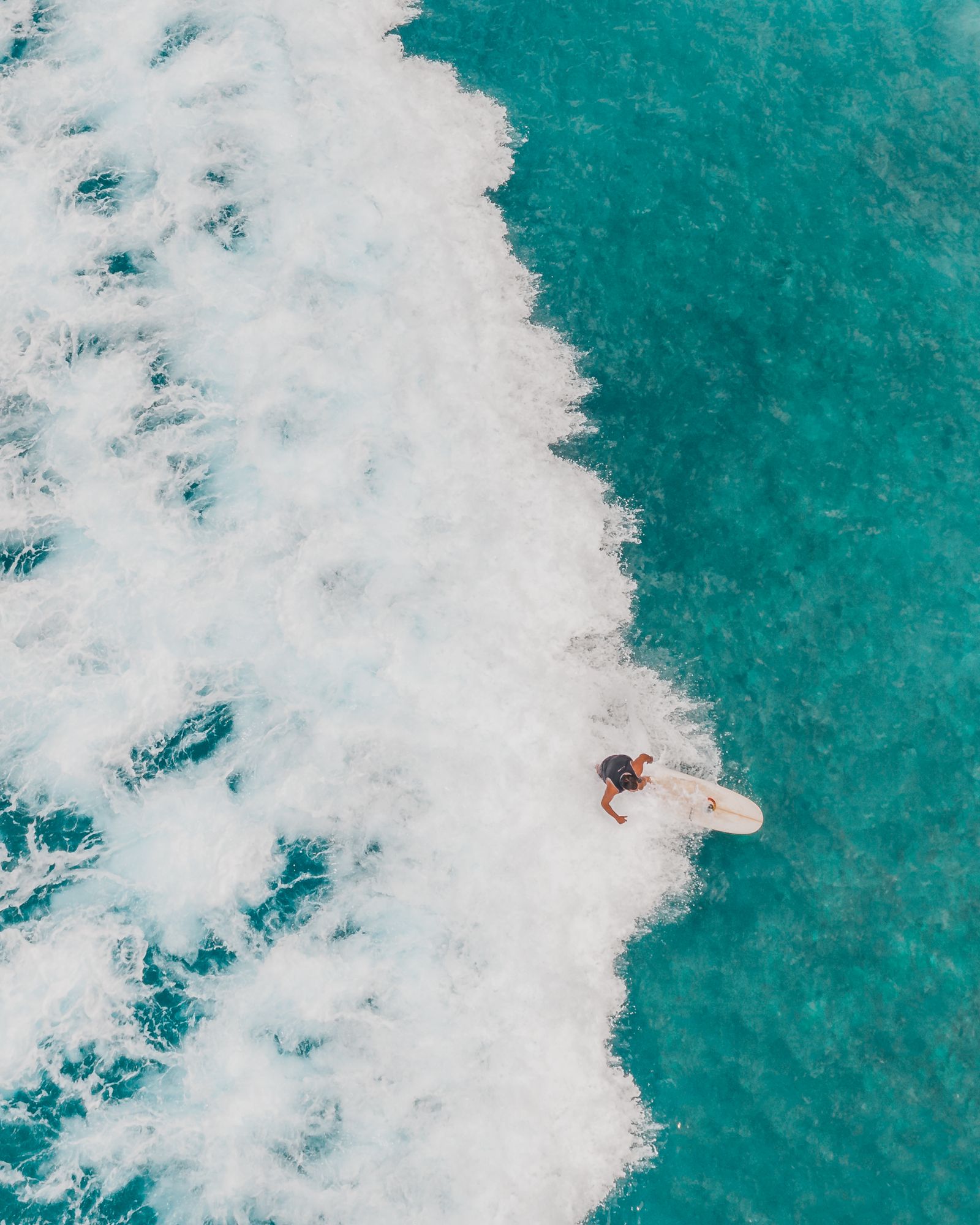 A surfer riding a turquoise wave, seen from above