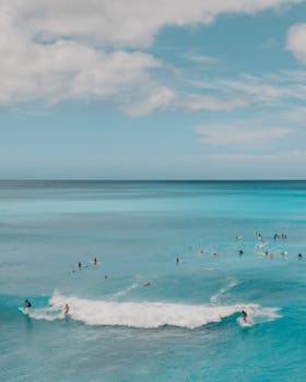 A group of surfers enjoying the pristine blue waters under a bright summer sky.