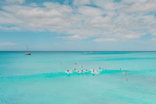 一群冲浪者在碧绿的海洋中，迎着晴朗的天空冲浪