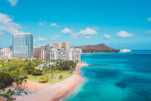 Stunning view of Waikiki Beach with Diamond Head in the background under a clear blue sky.