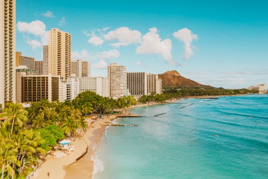 Beautiful view of Waikiki Beach with Diamond Head in the background, perfect travel destination.