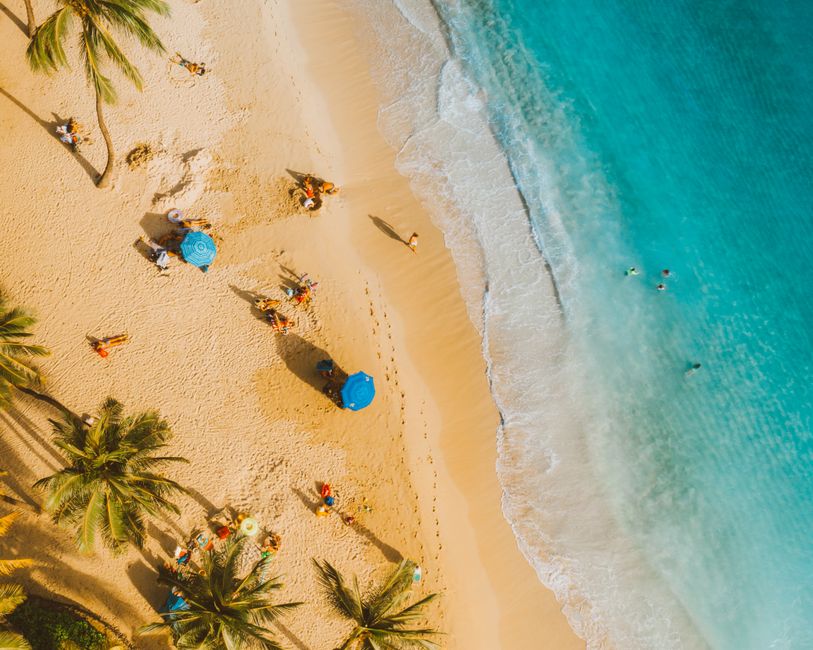 A picturesque tropical beach captured from above with clear turquoise water, palm trees, and beach umbrellas.