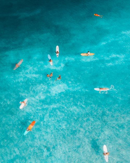 Free Aerial shot of surfers paddling in clear turquoise ocean water, perfect for leisure and adventure themes. Stock Photo