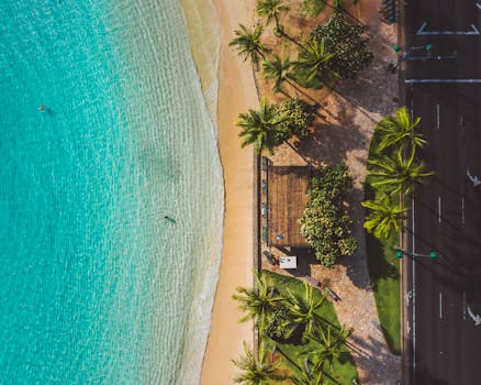 Stunning aerial view of a tropical beach with turquoise waters, palm trees, and sandy coastline.